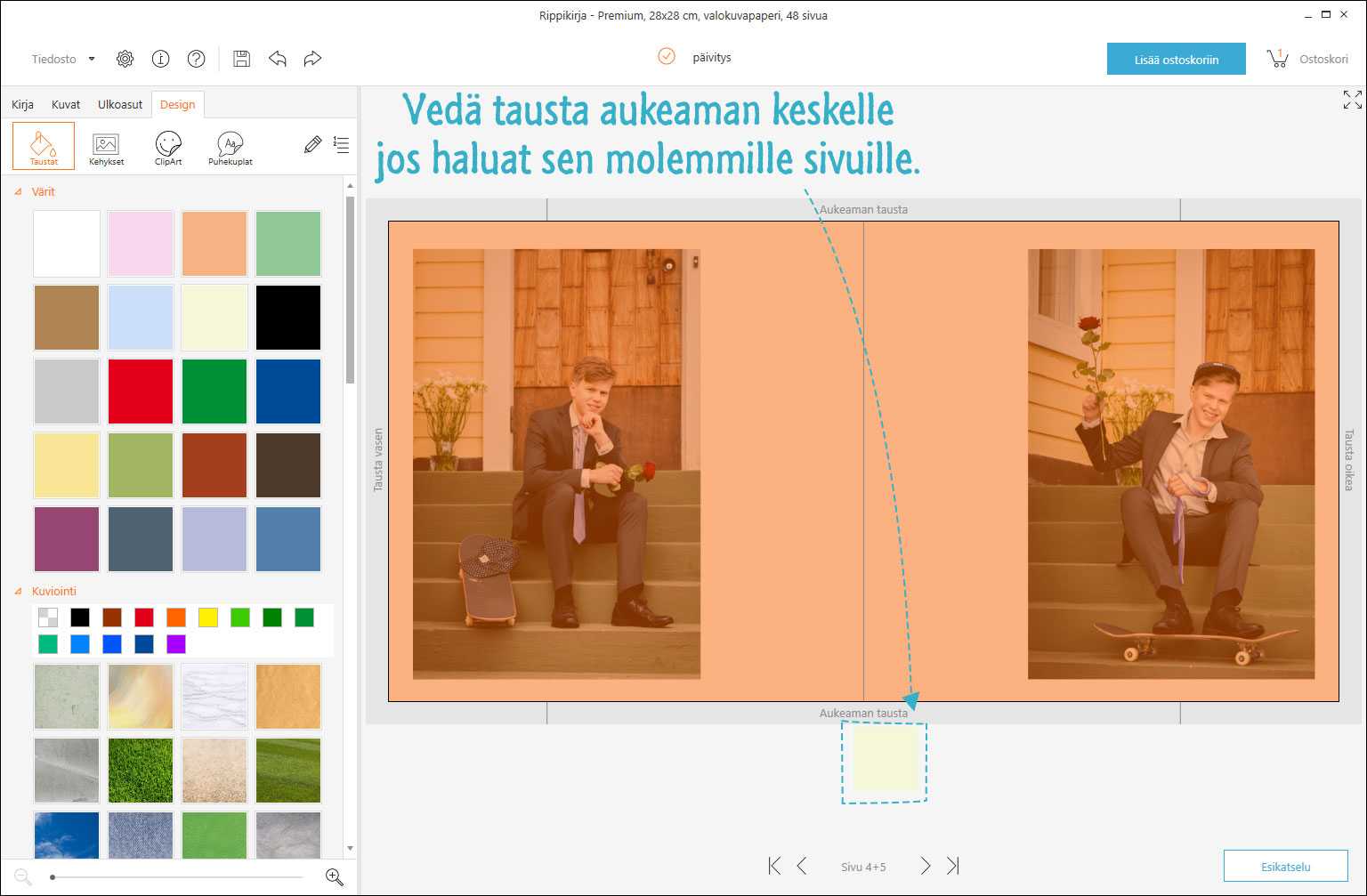 Taustan lisääminen kuvakirjan aukeamalle Taustan lisääminen kuvakirjan aukeamalle