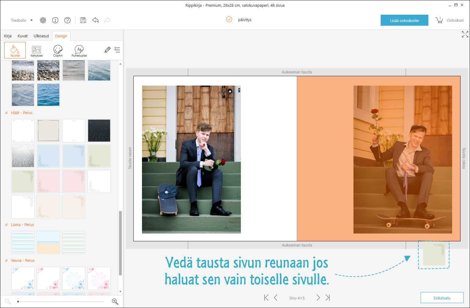 Taustan lisääminen vain toiselle kuvakirjan sivulle Taustan lisääminen vain toiselle kuvakirjan sivulle
