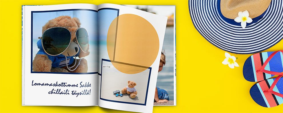 Kuvakirja-aukeama: lomamaskotti seikkailee Kuvakirja-aukeama: lomamaskotti seikkailee