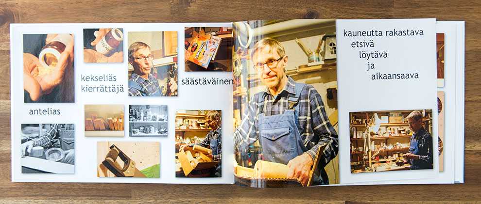 Kuvakirja-aukeama: isä puuhailee verstaalla Kuvakirja-aukeama: isä puuhailee verstaalla