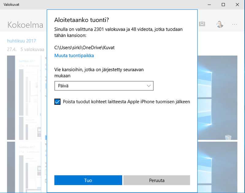 Valitse halutessasi poistetaanko tuodut kuvat iPhonen/iPadin muistista Valitse halutessasi poistetaanko tuodut kuvat iPhonen/iPadin muistista