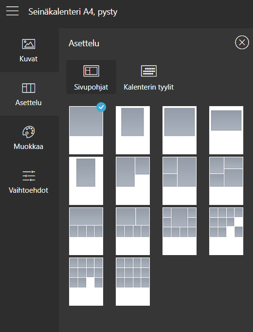 Kalenterin sivujen asettelumallit